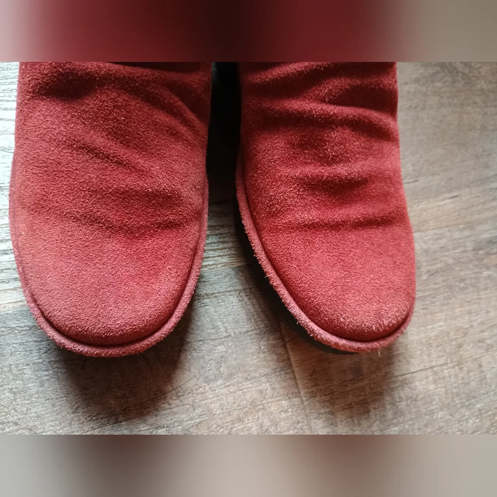 Fly London Womens Sz 39 US 8-8.5 Yegi Wedge Boots Rust Red Suede Ruched Ankle